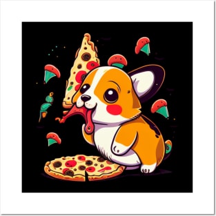 kawaii cute corgi eating pizza Posters and Art